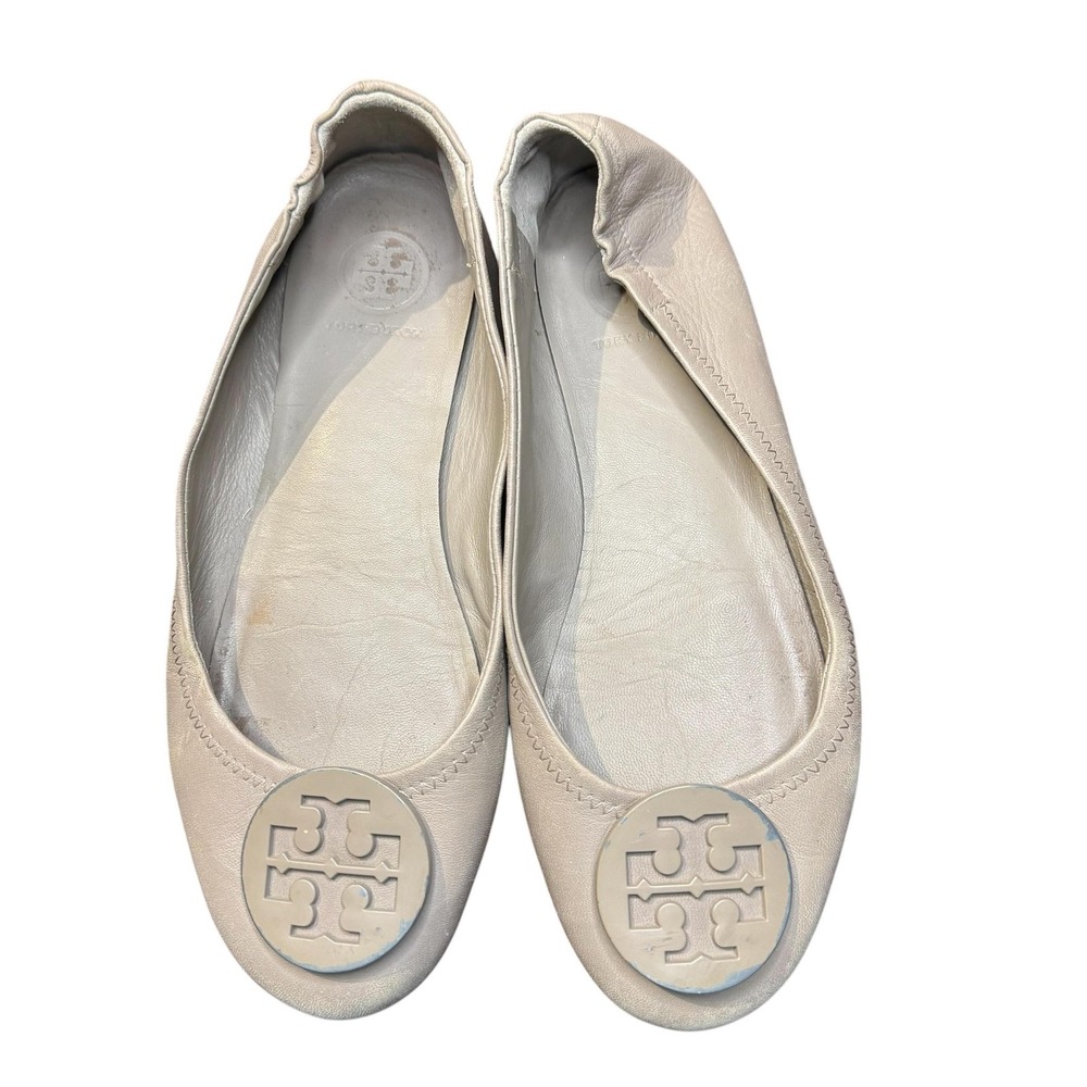 Tory Burch Shoes Womens Size 6 Beige‎ Leather Logo Ballet Flats Casual Comfort